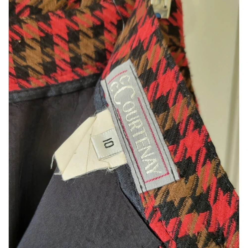 CC Courtenay Skirt Suit Size 10 Red Black Olive Houndstooth Plaid Pockets Bolero